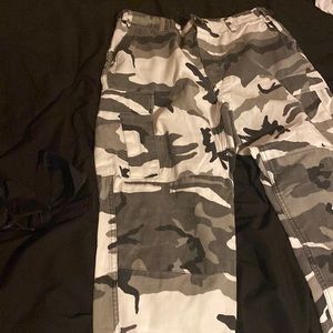 White and black camo cargo suit pants